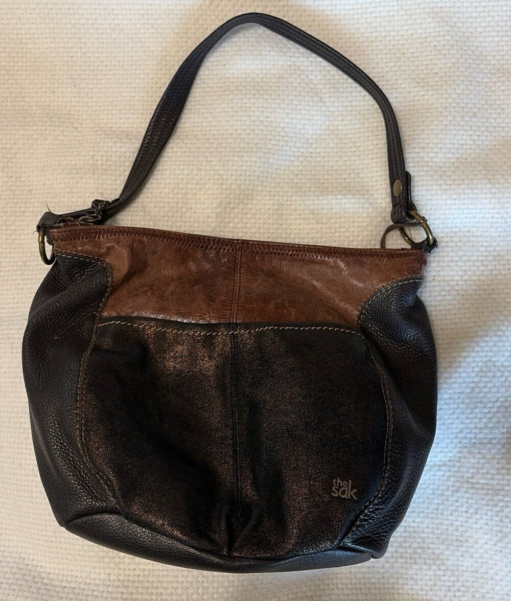 The Sak Nora Genuine Leather Hobo Shoulder Bag Black & Brown Colorblock Zip Top